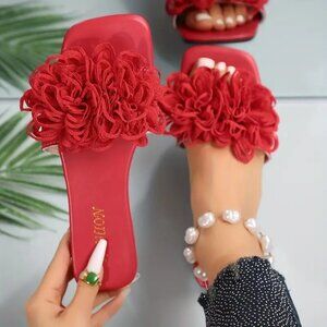 Women's Flower Design Flat Slide Sandals, Red Valentine